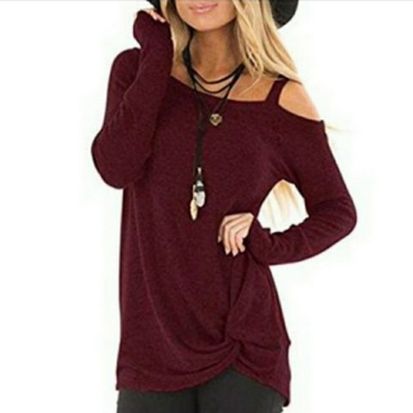Burgundy Cold Shoulder Knit Long sleeve knot top M - Picture 1 of 5